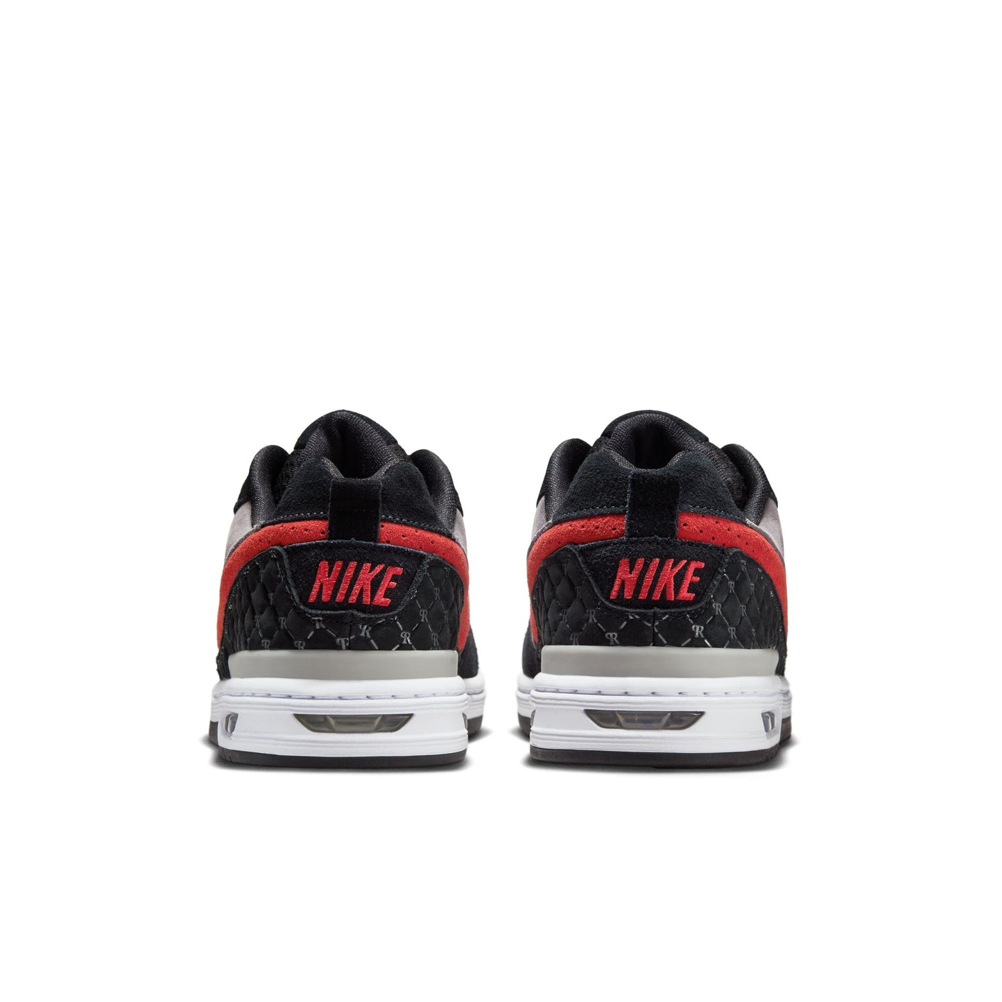 Black and red Nike sneakers shown from the back on a white background