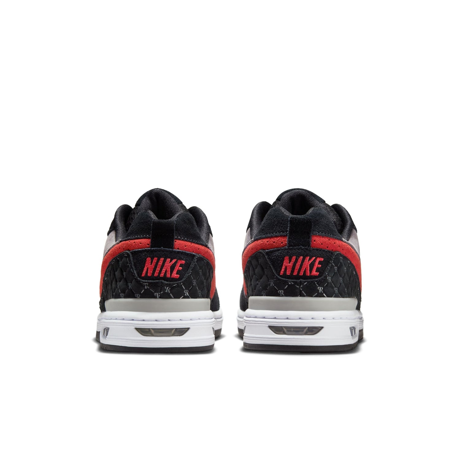 Black and red Nike sneakers shown from the back on a white background