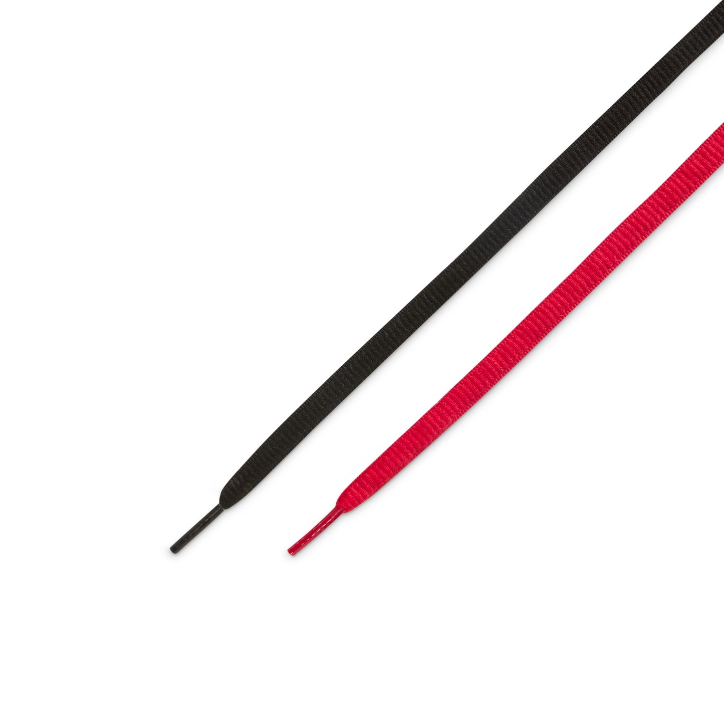 Black and red shoelaces on a white background