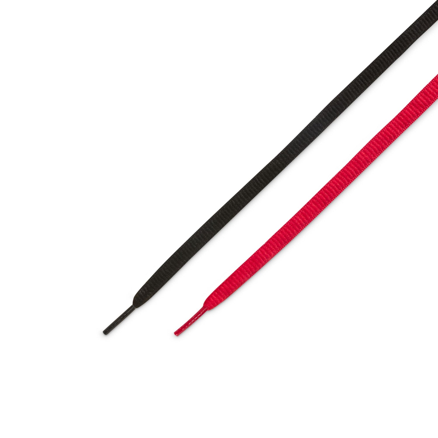 Black and red shoelaces on a white background