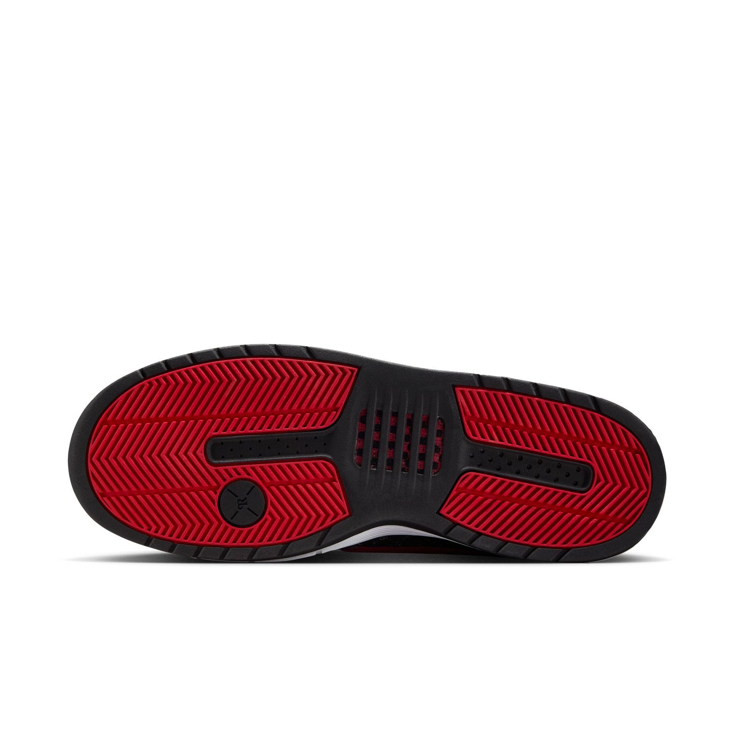 Red and black sole of a shoe on a white background
