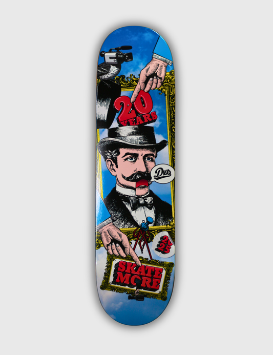 DVS Skate More 20 Year skateboard deck, bottom graphic: gold framed portrait with Skate More logo, 8.38 inch